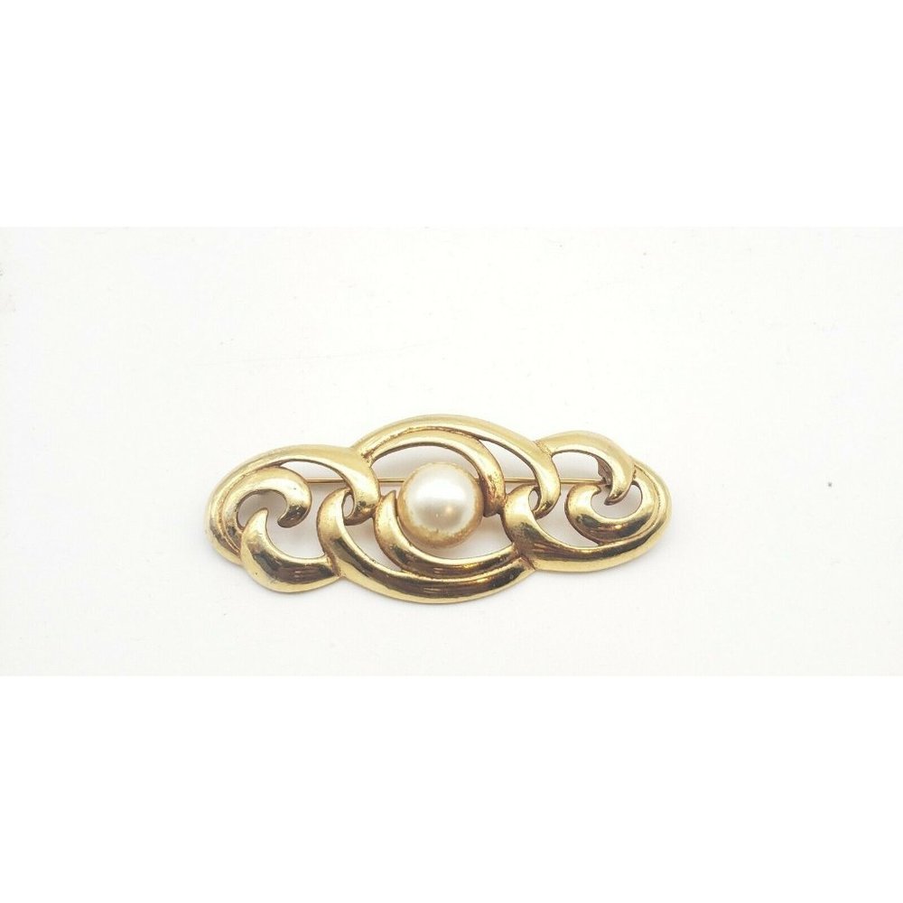 Vintage Brooch Pin Gold Tone Napier Classic Style Faux Pearl 2 1/2”